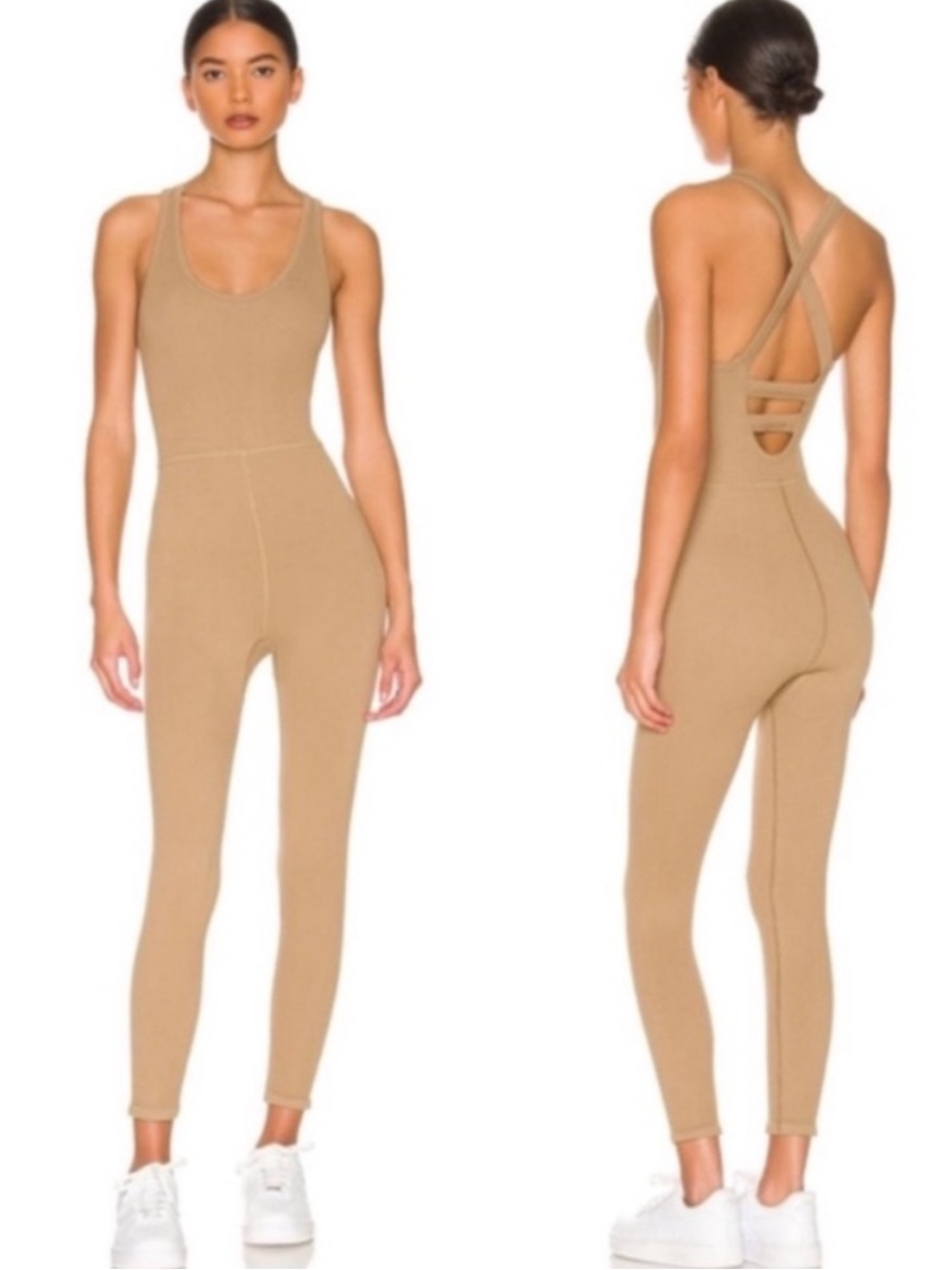 Free People Movement Free Throw Ribbed Onesie Jumpsuit in Mushroom Tan XS
